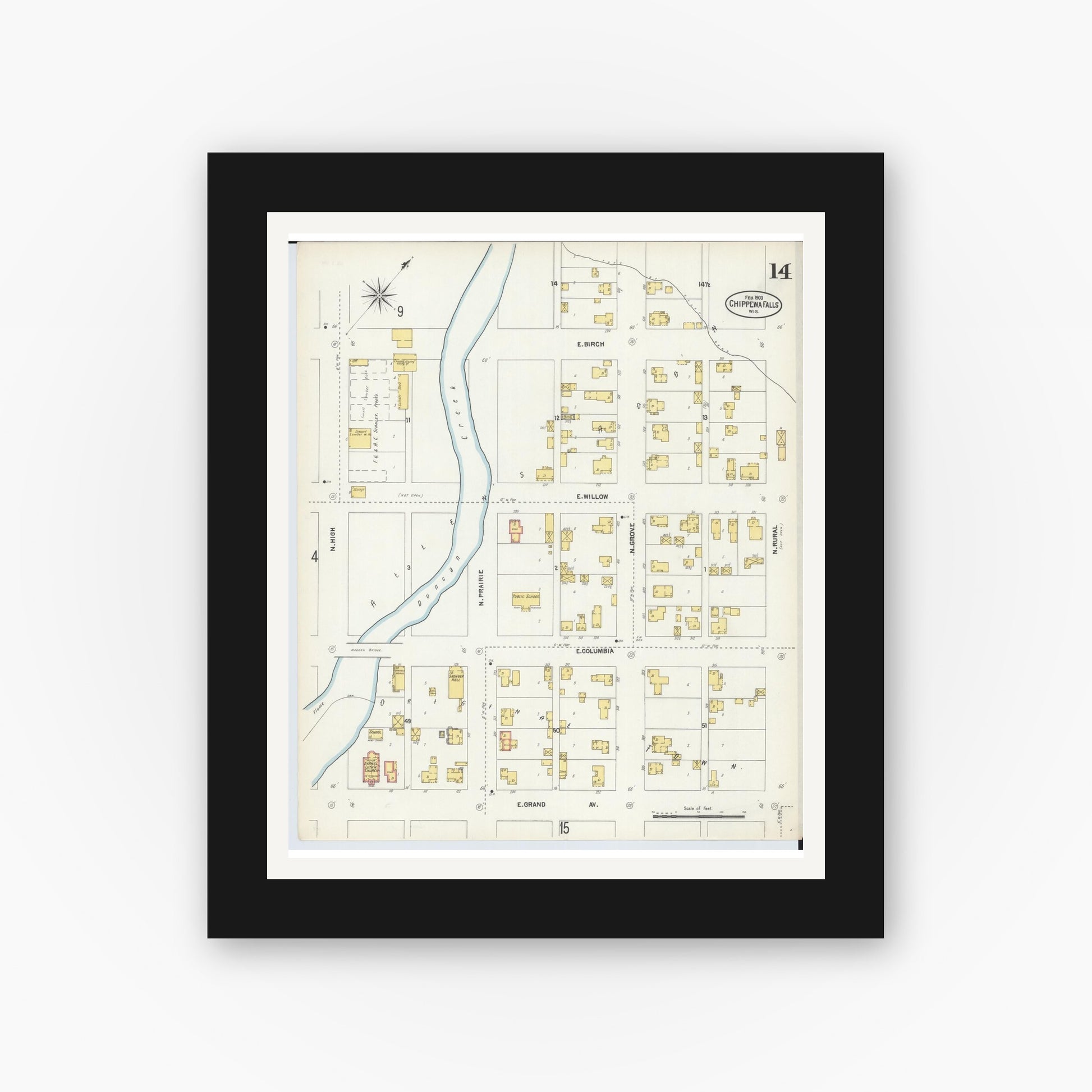 Old map wall art mockup — black gallery frame with white mat — Sanborn Fire Insurance Map from Chippewa Falls, Chippewa County, Wisconsin (1903), Sheet #0014