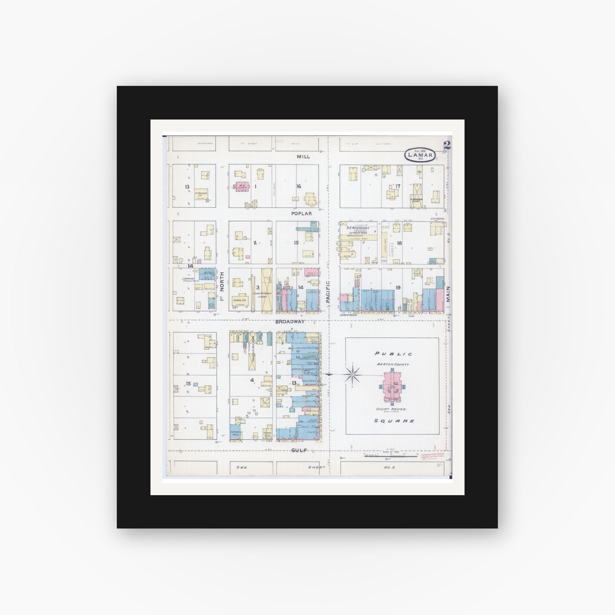Old map wall art mockup — black gallery frame with white mat — Sanborn Fire Insurance Map from Lamar, Barton County, Missouri (1891), Sheet #0002