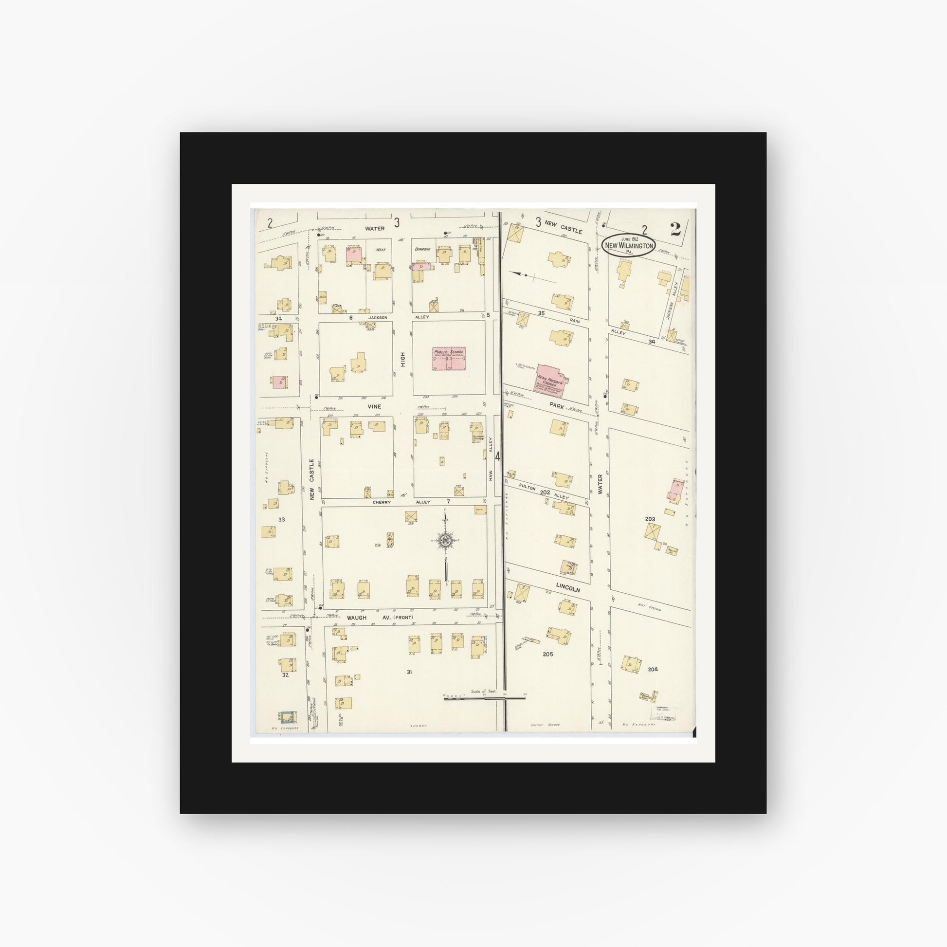 Old map wall art mockup — black gallery frame with white mat — Sanborn Fire Insurance Map from New Wilmington, Lawrence County, Pennsylvania (1912), Sheet #0002