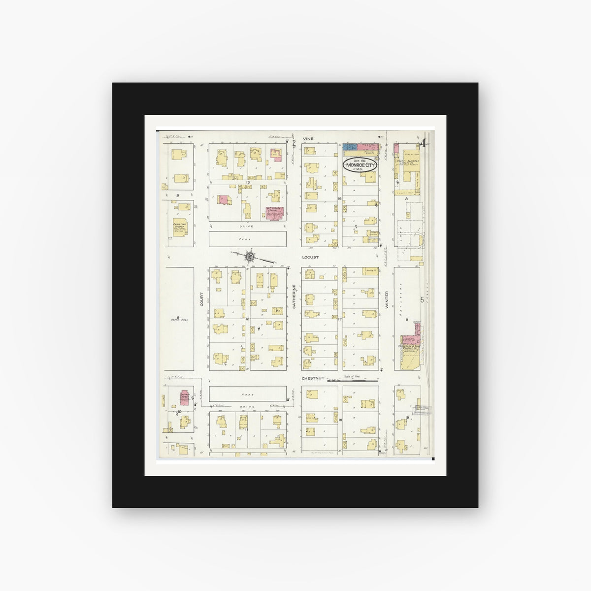 Old map wall art mockup — black gallery frame with white mat — Sanborn Fire Insurance Map from Monroe City, Monroe County, Missouri (1916), Sheet #0004