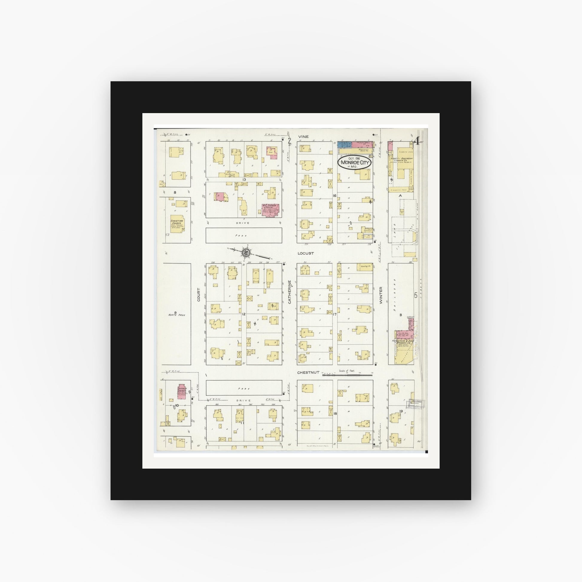 Old map wall art mockup — black gallery frame with white mat — Sanborn Fire Insurance Map from Monroe City, Monroe County, Missouri (1916), Sheet #0004