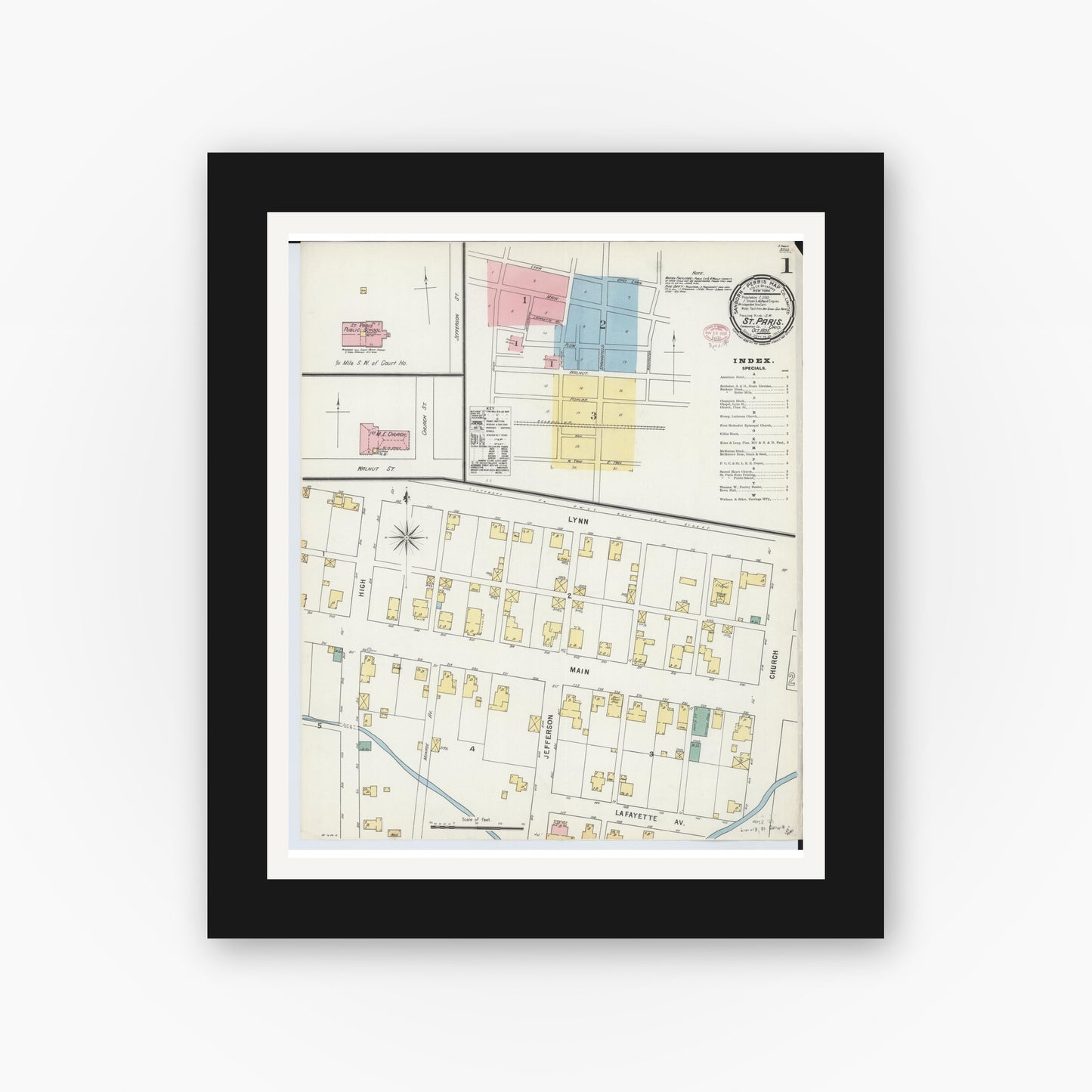 Old map wall art mockup — black gallery frame with white mat — Sanborn Fire Insurance Map from Saint Paris, Champaign County, Ohio (1895), Sheet #0001