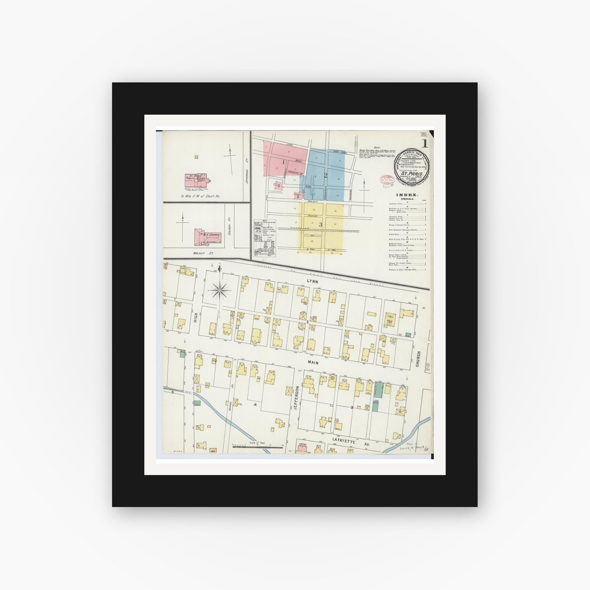 Old map wall art mockup — black gallery frame with white mat — Sanborn Fire Insurance Map from Saint Paris, Champaign County, Ohio (1895), Sheet #0001