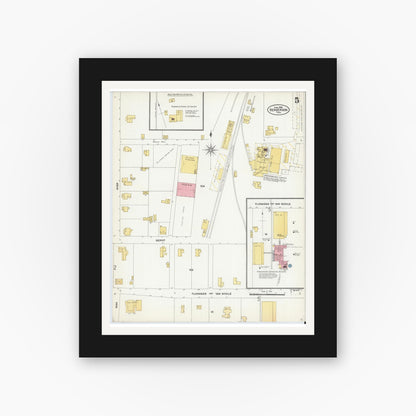 Old map wall art mockup — black gallery frame with white mat — Sanborn Fire Insurance Map from Henderson, Rusk County, Texas (1906), Sheet #0005