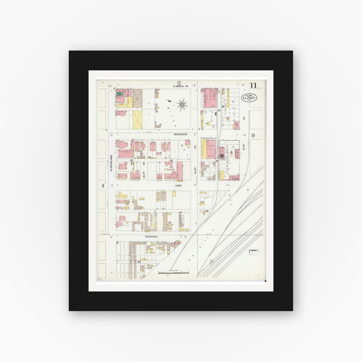 Old map wall art mockup — black gallery frame with white mat — Sanborn Fire Insurance Map from El Paso, El Paso County, Texas (1902), Sheet #0011