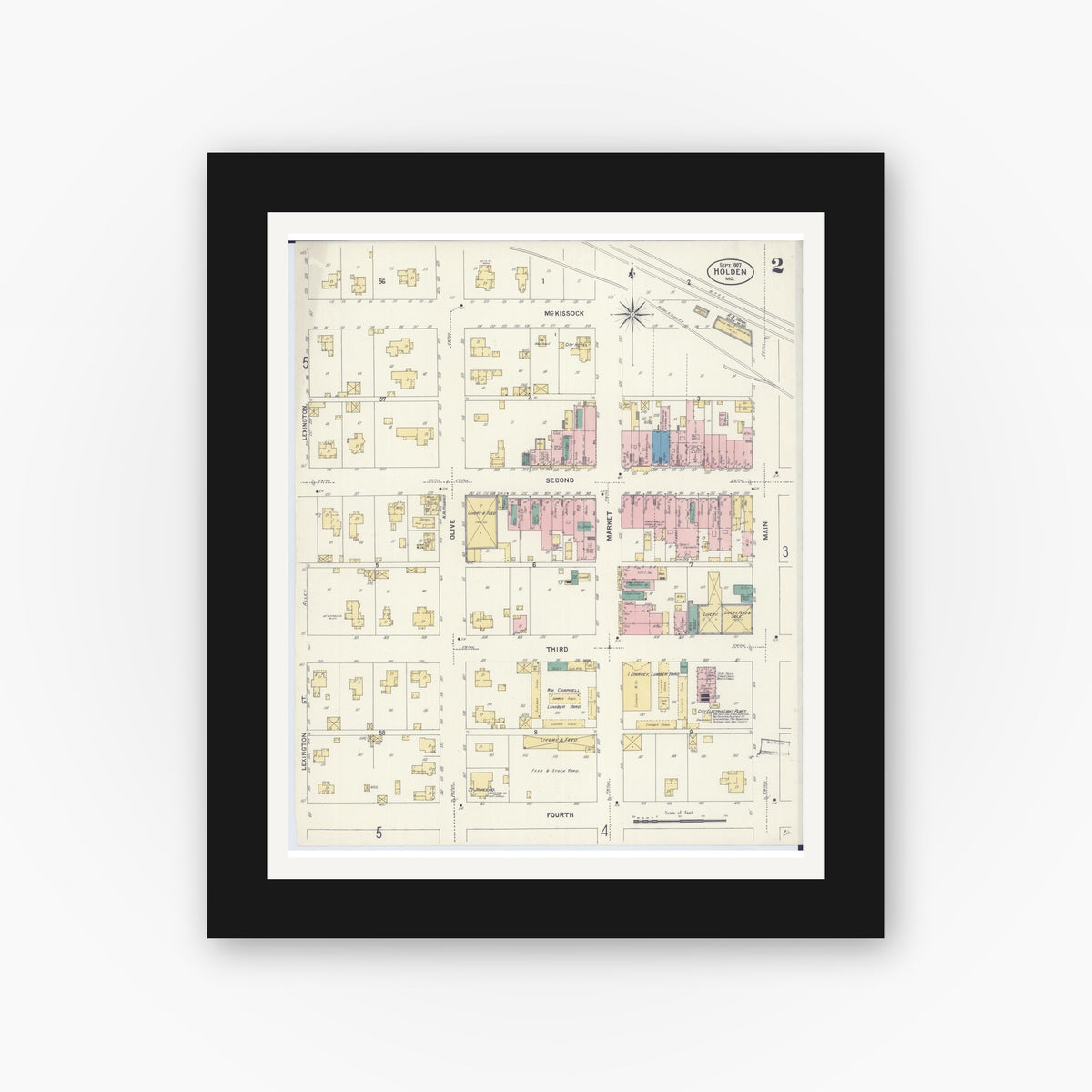 Old map wall art mockup — black gallery frame with white mat — Sanborn Fire Insurance Map from Holden, Johnson County, Missouri (1907), Sheet #0002