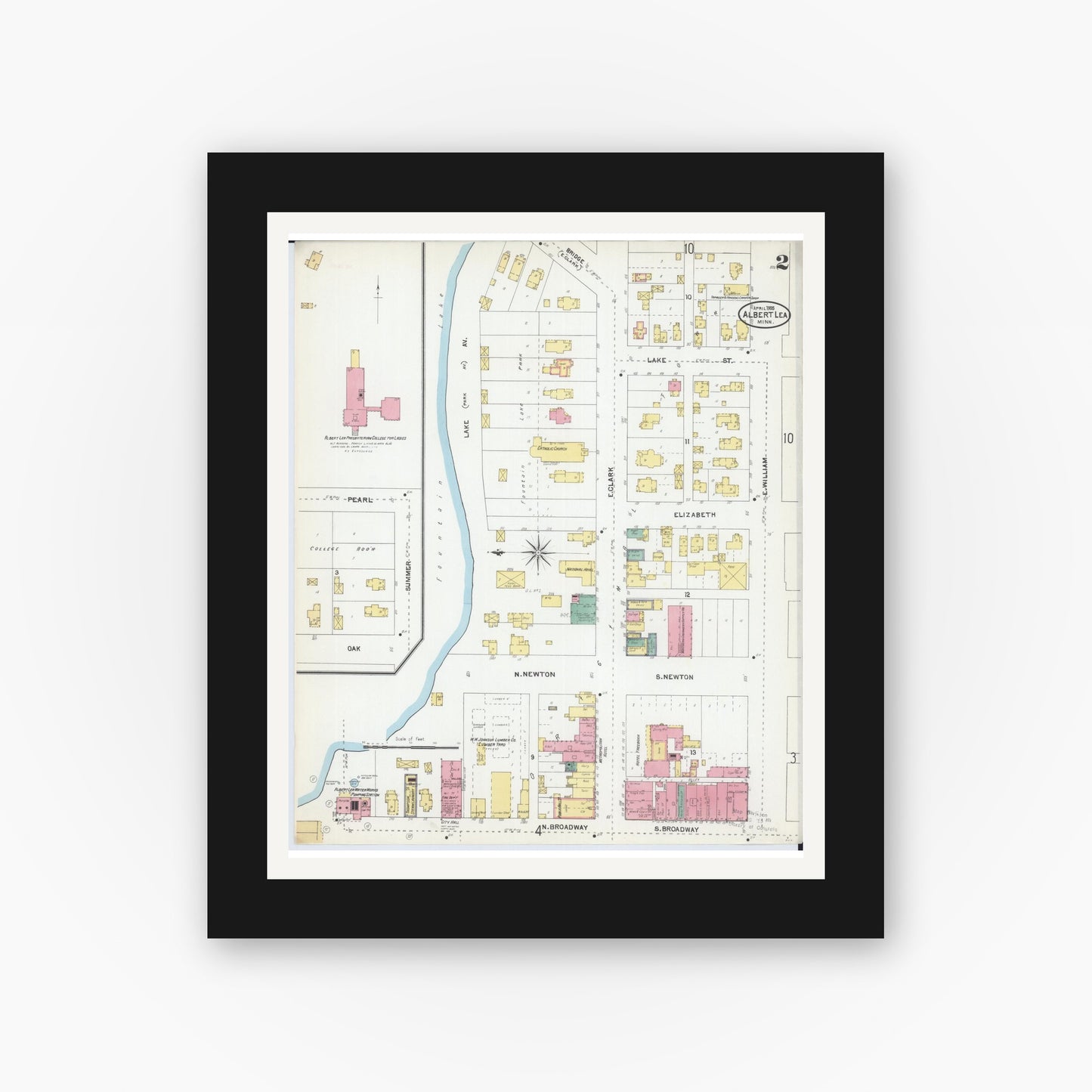 Old map wall art mockup — black gallery frame with white mat — Sanborn Fire Insurance Map from Albert Lea, Freeborn County, Minnesota (1905), Sheet #0002