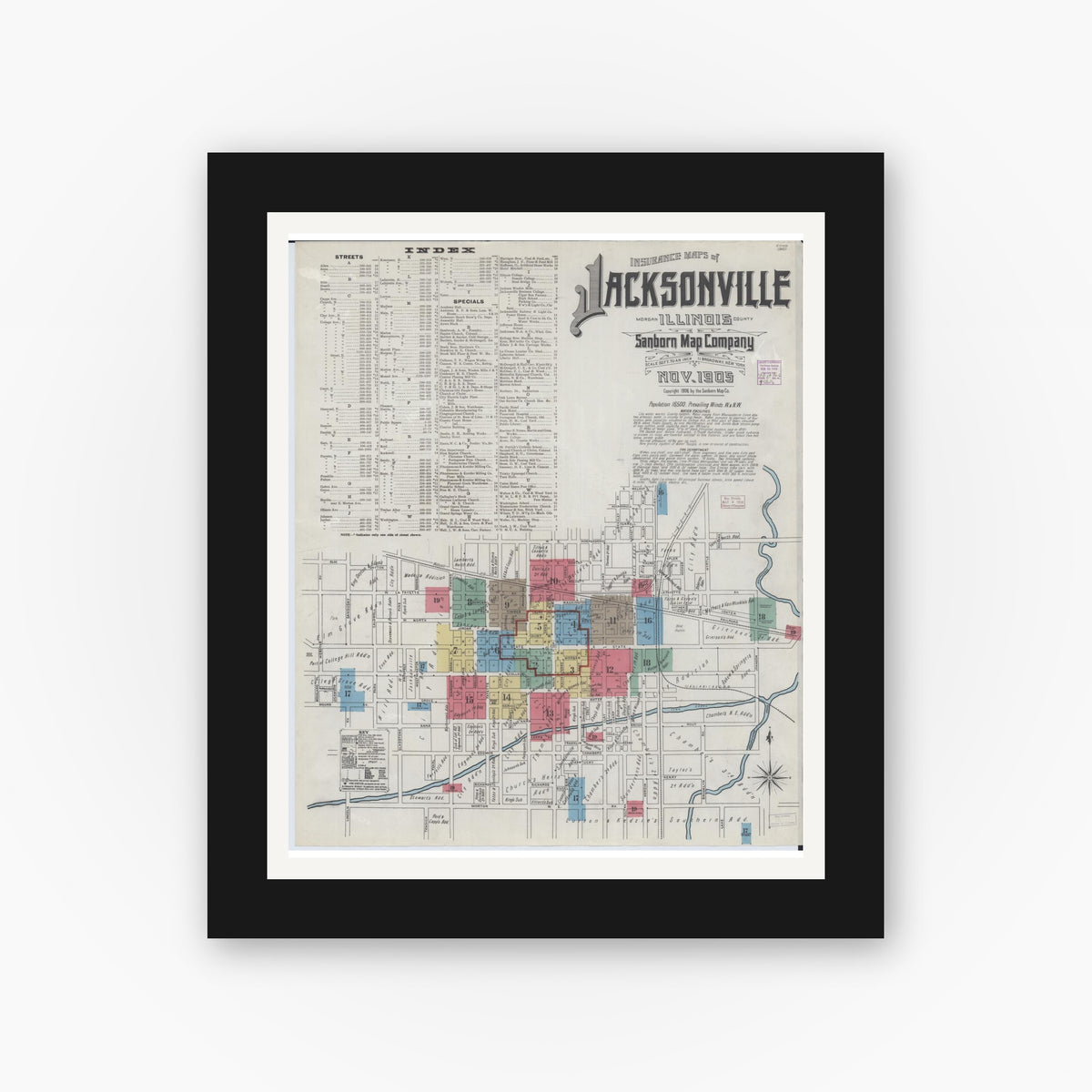 Old map wall art mockup — black gallery frame with white mat — Sanborn Fire Insurance Map from Jacksonville, Morgan County, Illinois (1905), Sheet #0001