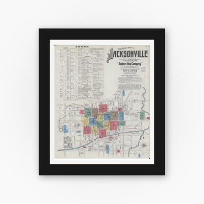 Old map wall art mockup — black gallery frame with white mat — Sanborn Fire Insurance Map from Jacksonville, Morgan County, Illinois (1905), Sheet #0001