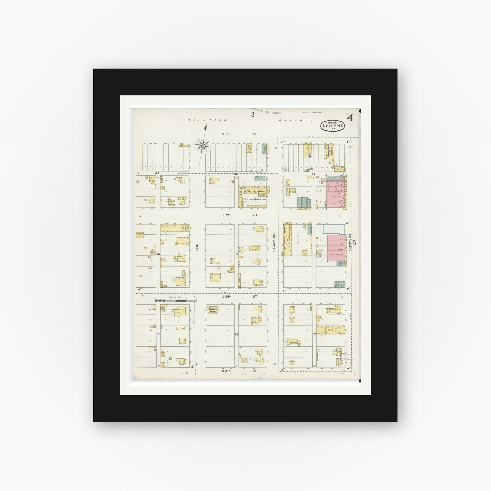 Old map wall art mockup — black gallery frame with white mat — Sanborn Fire Insurance Map from Abilene, Taylor County, Texas (1896), Sheet #0004