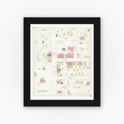 Old map wall art mockup — black gallery frame with white mat — Sanborn Fire Insurance Map from Sandusky, Sanilac County, Michigan (1909), Sheet #0002