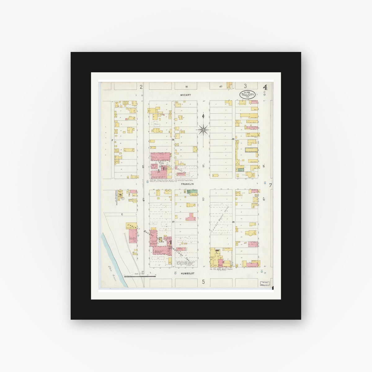 Old map wall art mockup — black gallery frame with white mat — Sanborn Fire Insurance Map from Tell City, Perry County, Indiana (1898), Sheet #0004