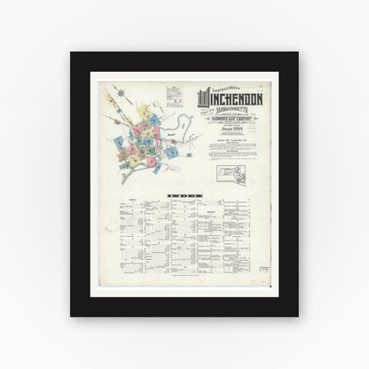 Old map wall art mockup — black gallery frame with white mat — Sanborn Fire Insurance Map from Winchendon, Worcester County, Massachusetts (1914) - Complete Map Set