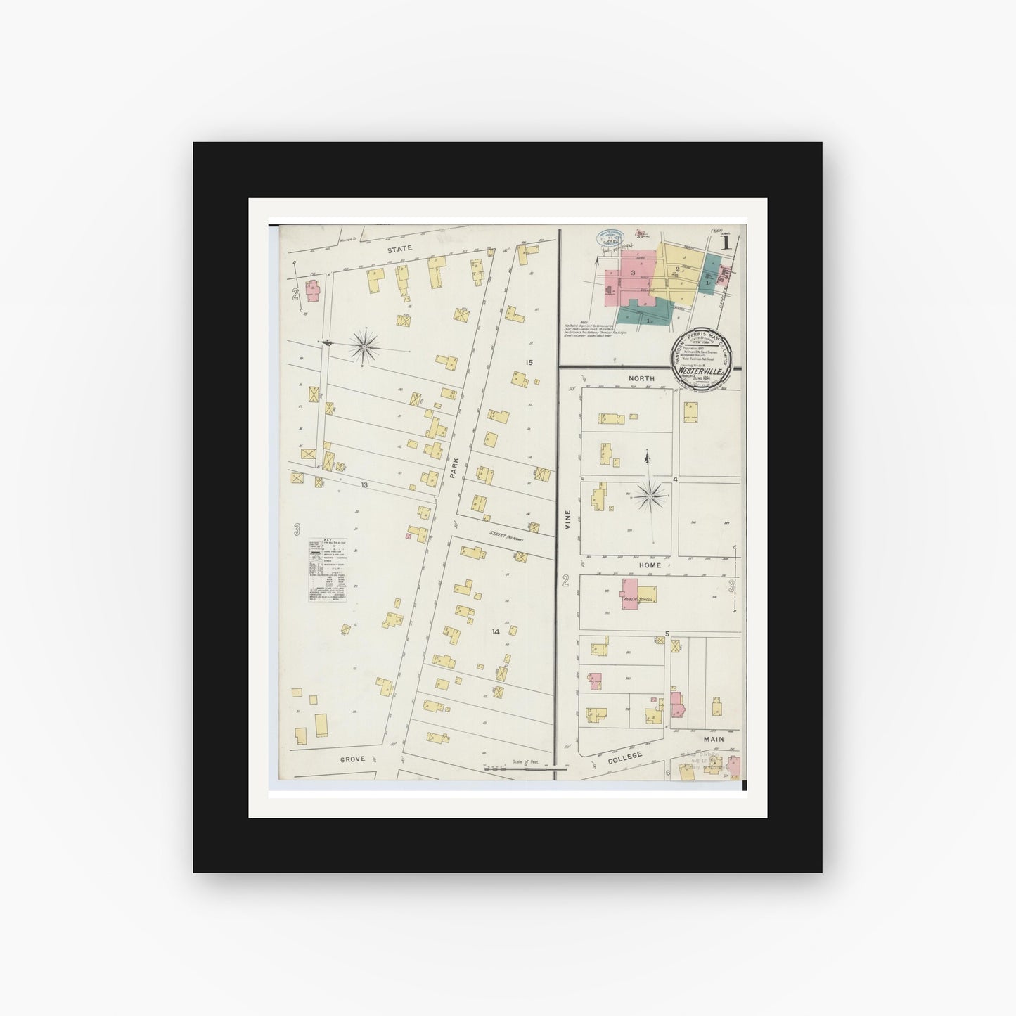 Old map wall art mockup — black gallery frame with white mat — Sanborn Fire Insurance Map from Westerville, Franklin County, Ohio (1894), Sheet #0001