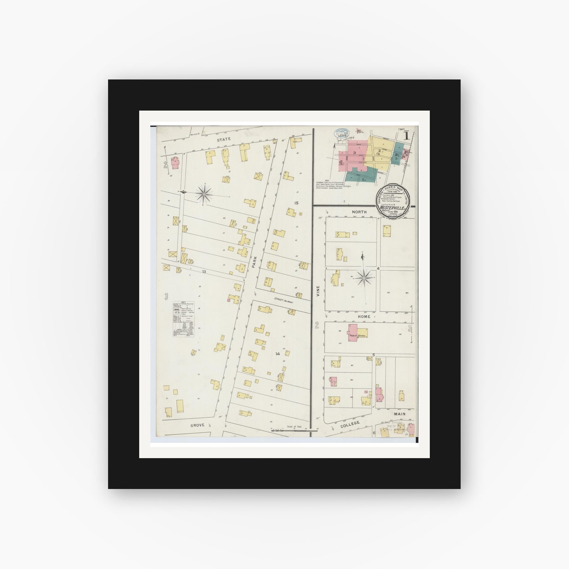 Old map wall art mockup — black gallery frame with white mat — Sanborn Fire Insurance Map from Westerville, Franklin County, Ohio (1894), Sheet #0001