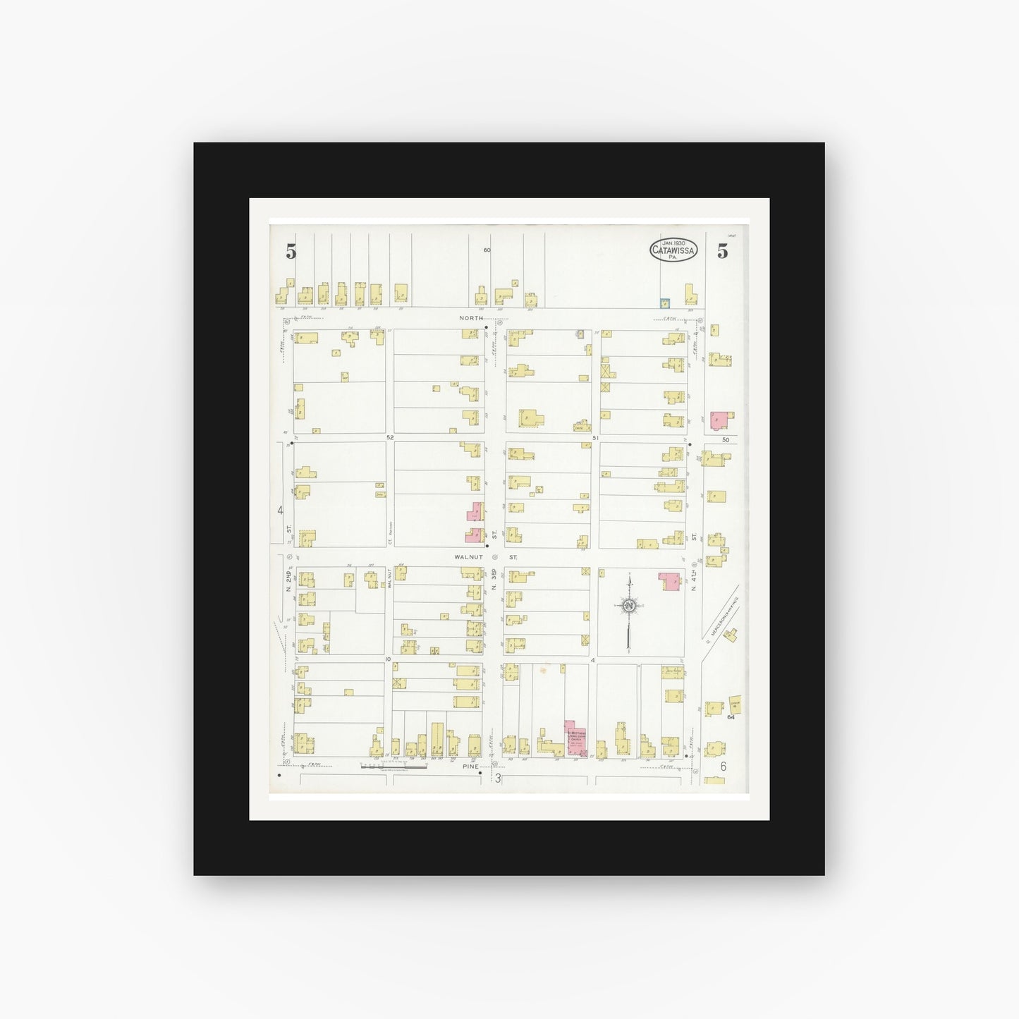 Old map wall art mockup — black gallery frame with white mat — Sanborn Fire Insurance Map from Catawissa, Columbia County, Pennsylvania (1930), Sheet #0005
