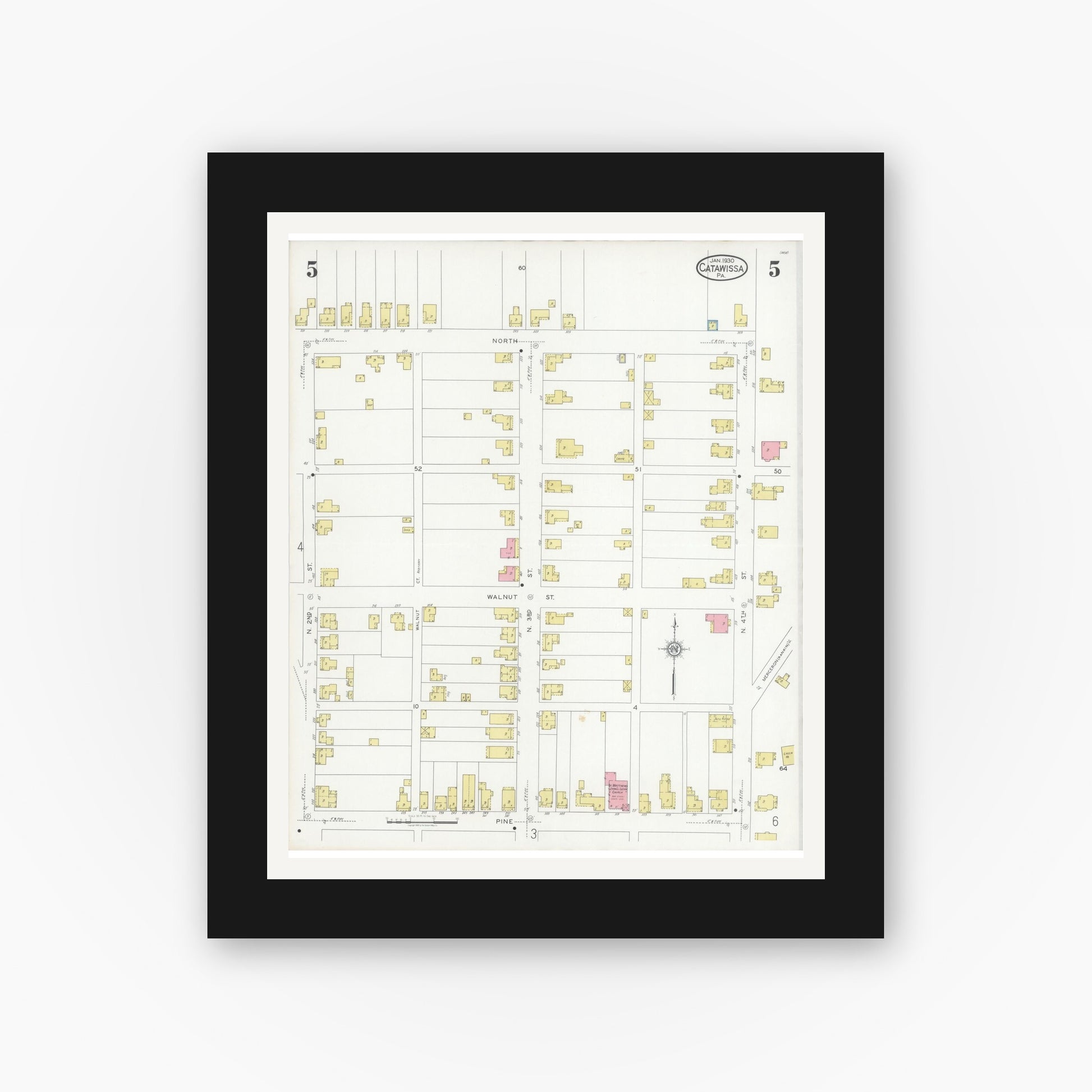 Old map wall art mockup — black gallery frame with white mat — Sanborn Fire Insurance Map from Catawissa, Columbia County, Pennsylvania (1930), Sheet #0005