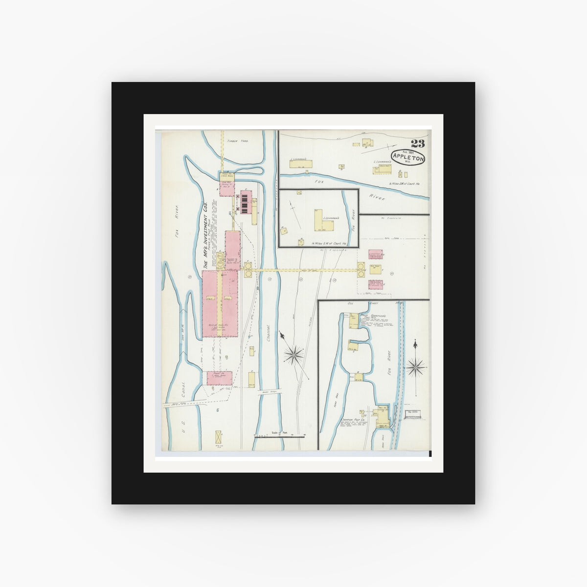 Old map wall art mockup — black gallery frame with white mat — Sanborn Fire Insurance Map from Appleton, Outagamie County, Wisconsin (1891), Sheet #0023
