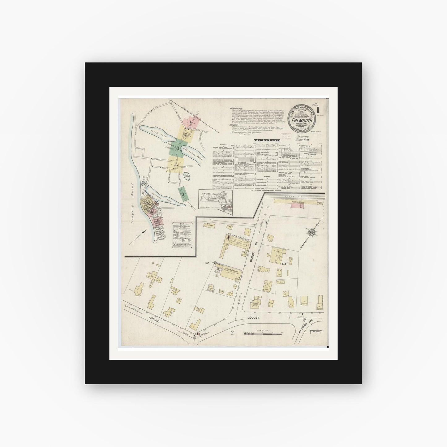 Old map wall art mockup — black gallery frame with white mat — Sanborn Fire Insurance Map from Falmouth, Barnstable County, Massachusetts (1914), Sheet #0001
