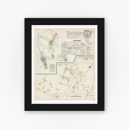 Old map wall art mockup — black gallery frame with white mat — Sanborn Fire Insurance Map from Falmouth, Barnstable County, Massachusetts (1914), Sheet #0001
