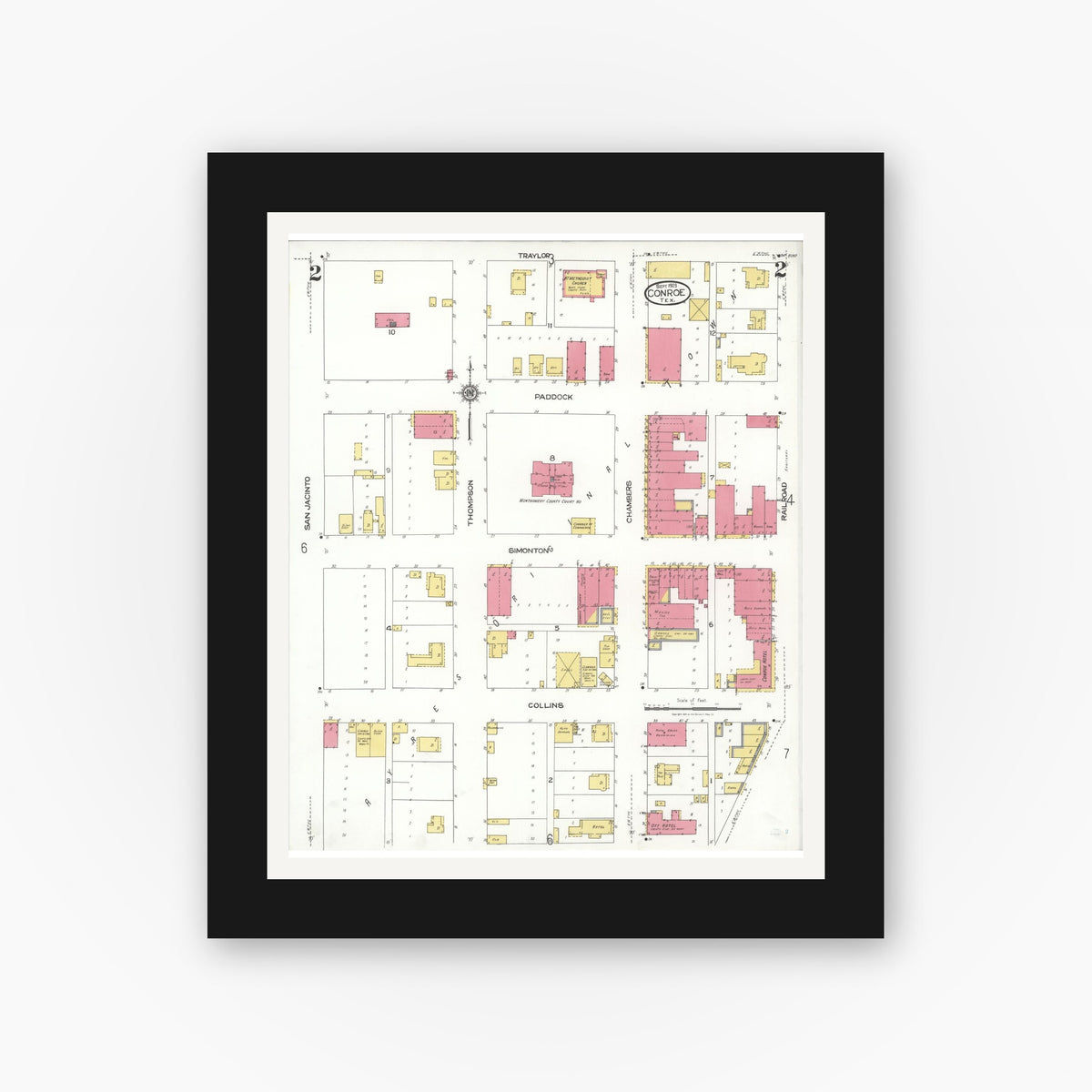 Old map wall art mockup — black gallery frame with white mat — Sanborn Fire Insurance Map from Conroe, Montgomery County, Texas (1923), Sheet #0002