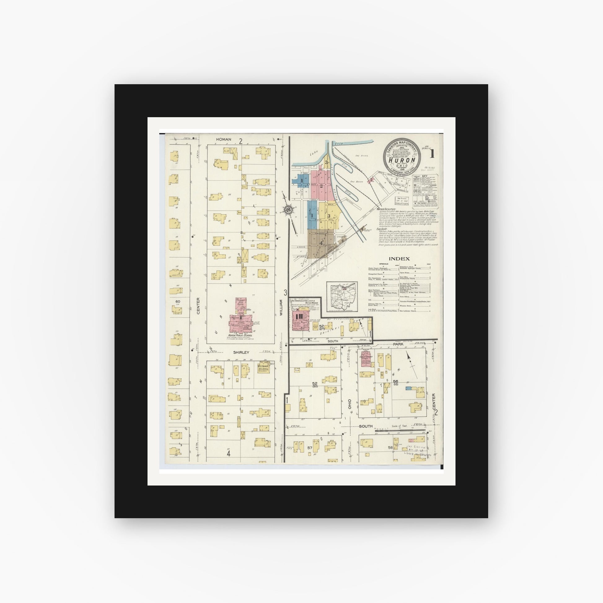 Old map wall art mockup — black gallery frame with white mat — Sanborn Fire Insurance Map from Huron, Erie County, Ohio (1916), Sheet #0001