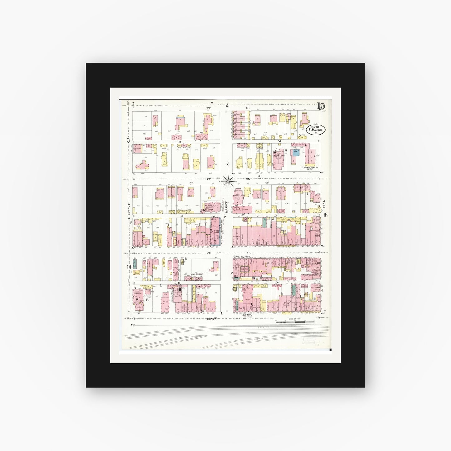 Old map wall art mockup — black gallery frame with white mat — Sanborn Fire Insurance Map from Fort Madison, Lee County, Iowa (1907), Sheet #0015
