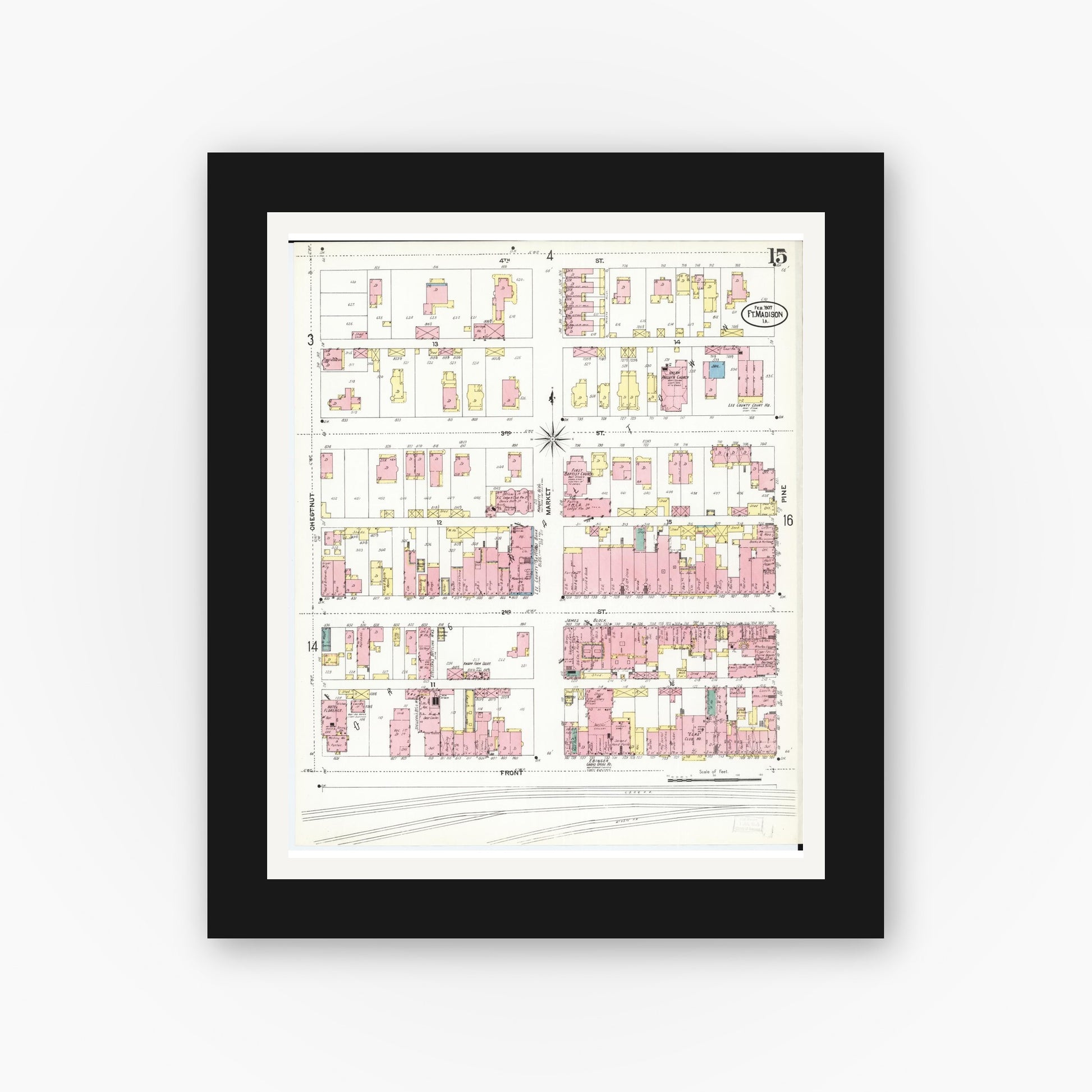 Old map wall art mockup — black gallery frame with white mat — Sanborn Fire Insurance Map from Fort Madison, Lee County, Iowa (1907), Sheet #0015