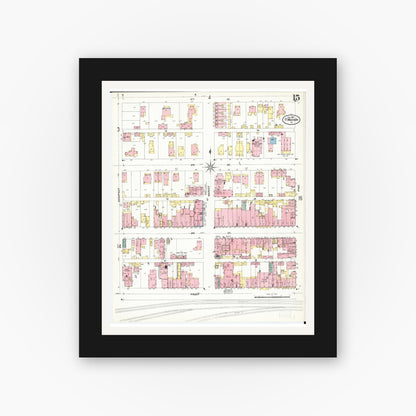 Old map wall art mockup — black gallery frame with white mat — Sanborn Fire Insurance Map from Fort Madison, Lee County, Iowa (1907), Sheet #0015