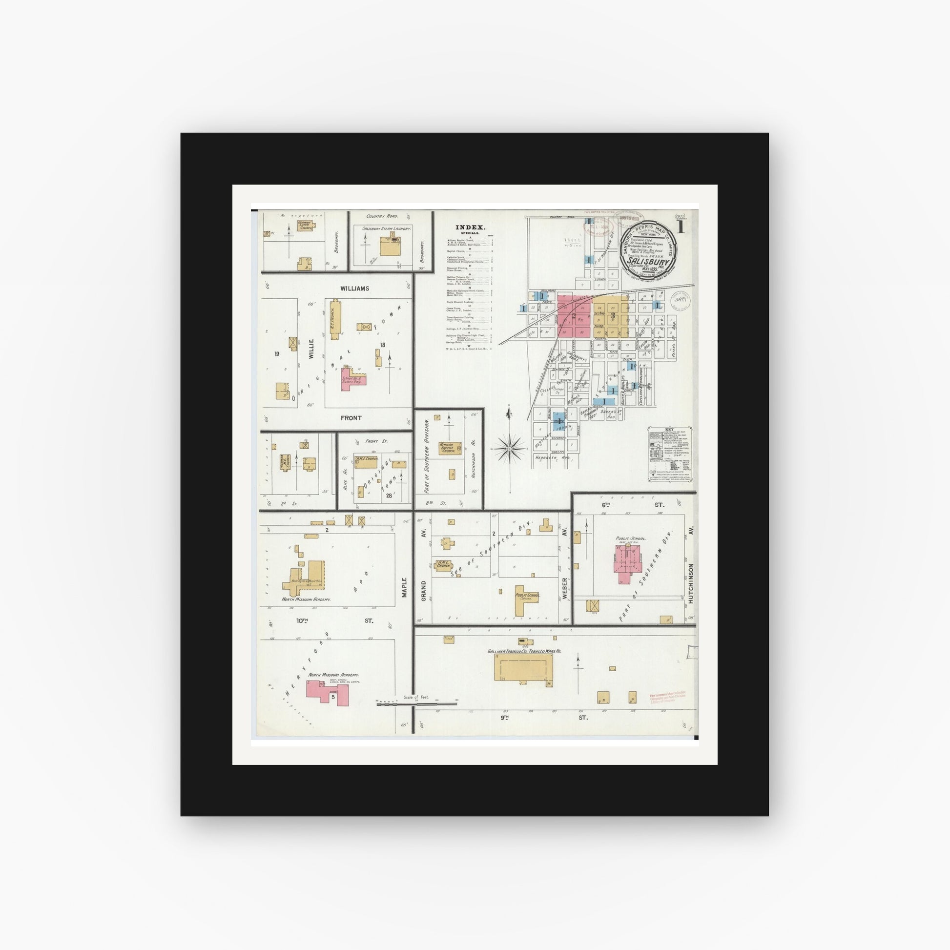 Old map wall art mockup — black gallery frame with white mat — Sanborn Fire Insurance Map from Salisbury, Chariton County, Missouri (1899) - Complete Map Set