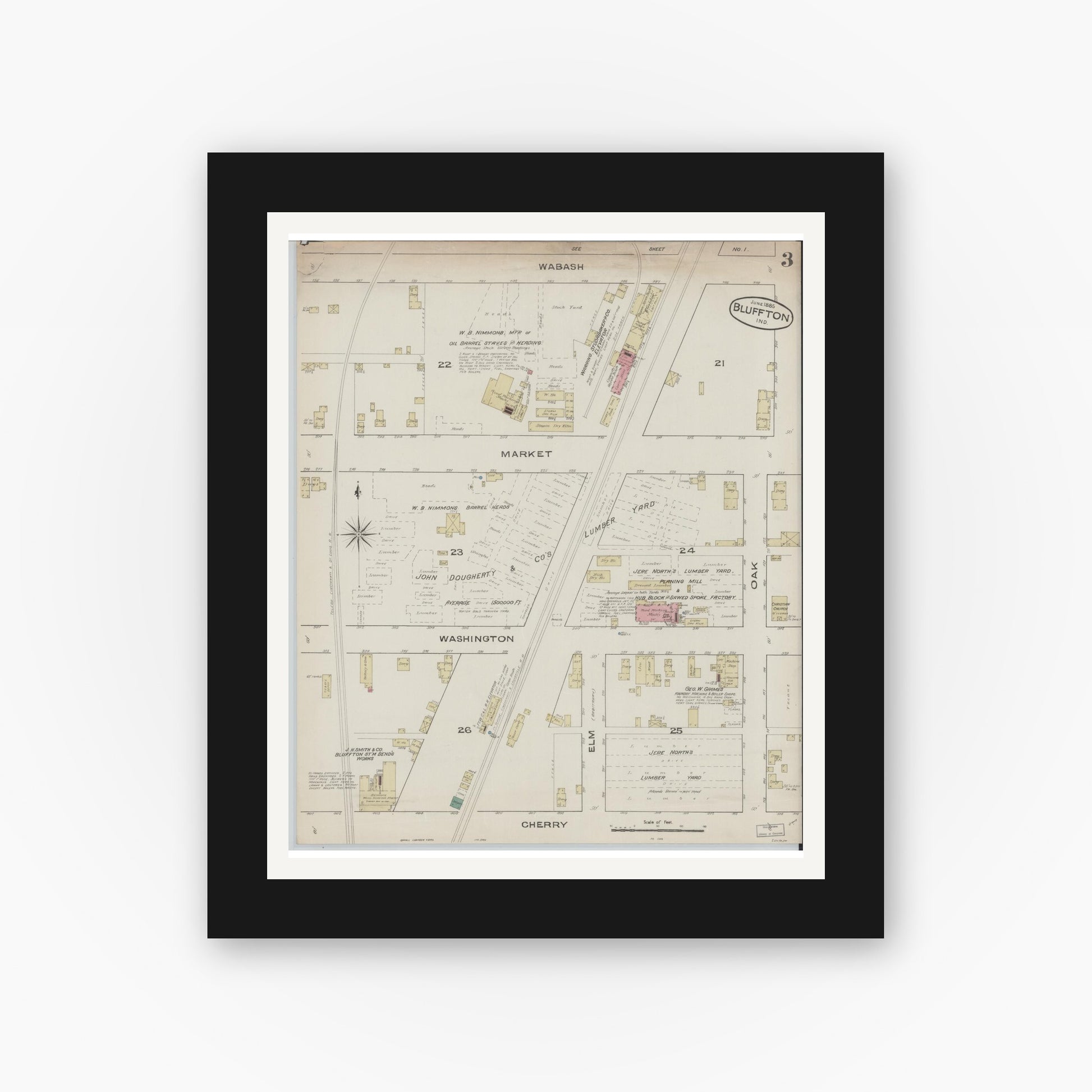 Old map wall art mockup — black gallery frame with white mat — Sanborn Fire Insurance Map from Bluffton, Wells County, Indiana (1885), Sheet #0003