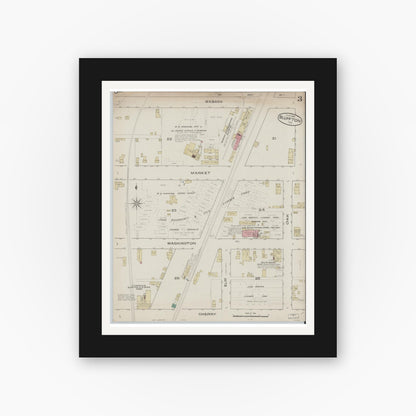 Old map wall art mockup — black gallery frame with white mat — Sanborn Fire Insurance Map from Bluffton, Wells County, Indiana (1885), Sheet #0003
