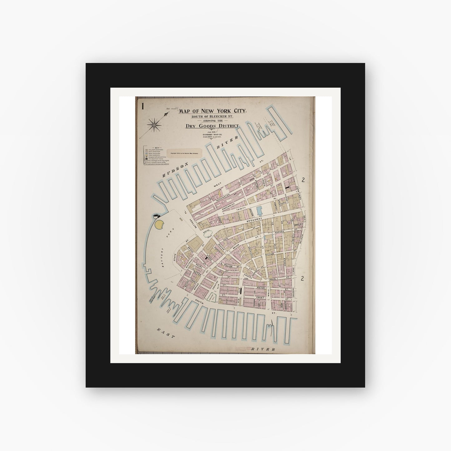 Old map wall art mockup — black gallery frame with white mat — Sanborn Fire Insurance Map from New York; Special Atlases, New York, New York (1913) - Complete Map Set