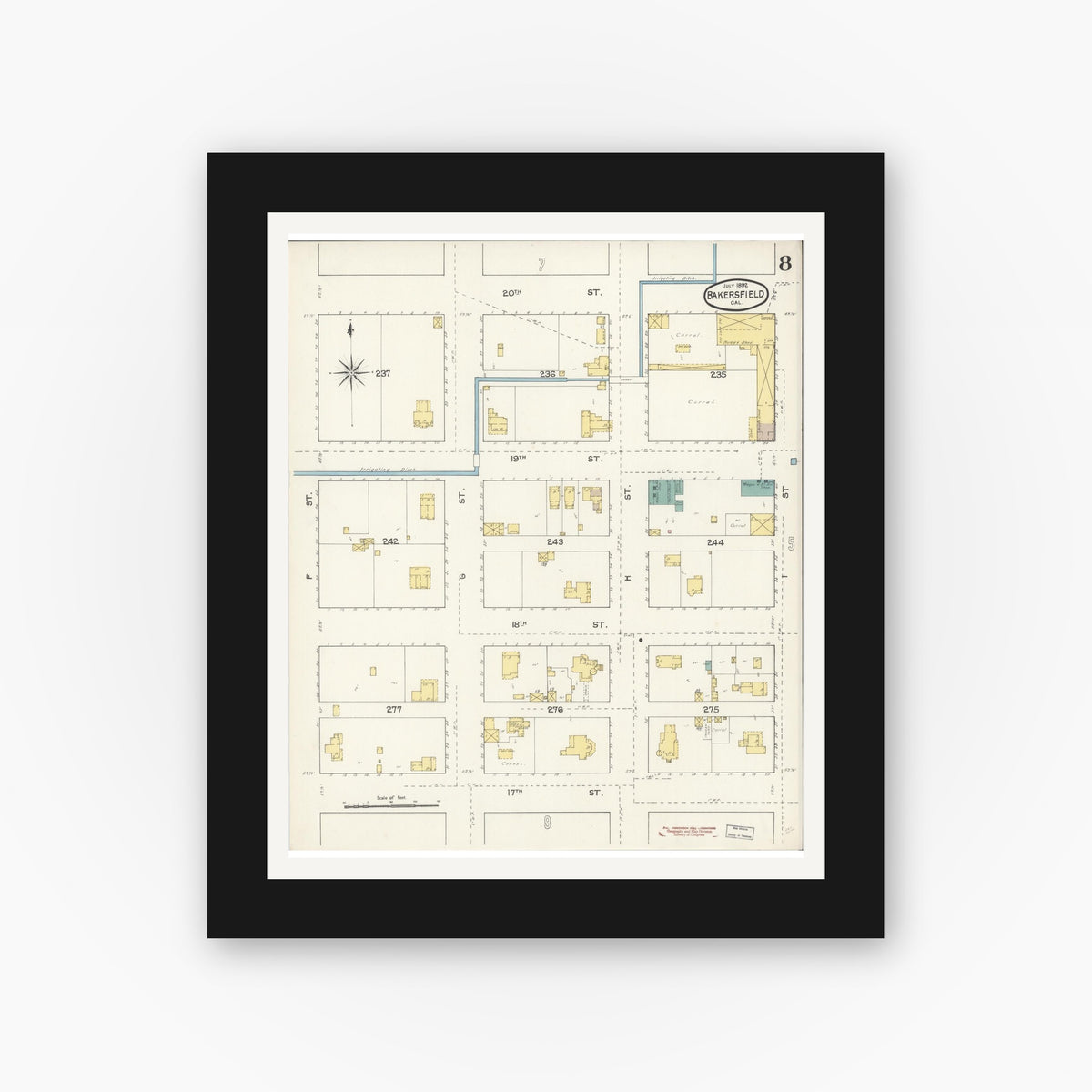 Old map wall art mockup — black gallery frame with white mat — Sanborn Fire Insurance Map from Bakersfield, Kern County, California (1892), Sheet #0008
