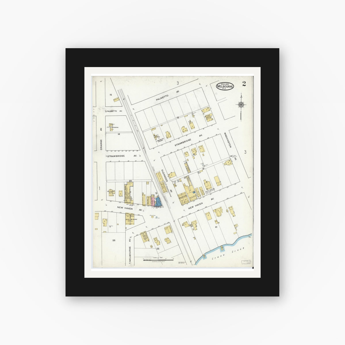 Old map wall art mockup — black gallery frame with white mat — Sanborn Fire Insurance Map from Melbourne, Brevard County, Florida (1920), Sheet #0002