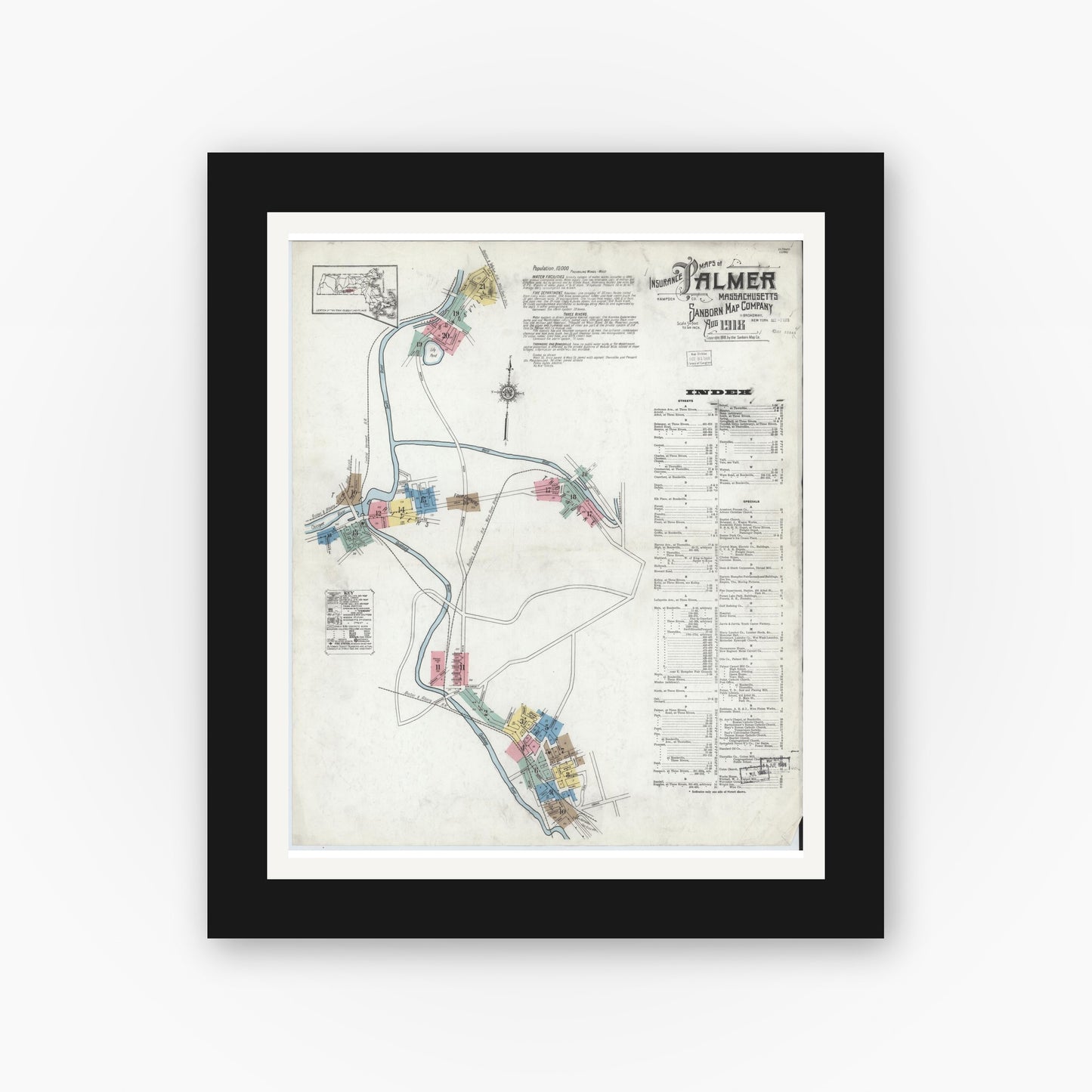Old map wall art mockup — black gallery frame with white mat — Sanborn Fire Insurance Map from Palmer, Hampden County, Massachusetts (1918) - Complete Map Set