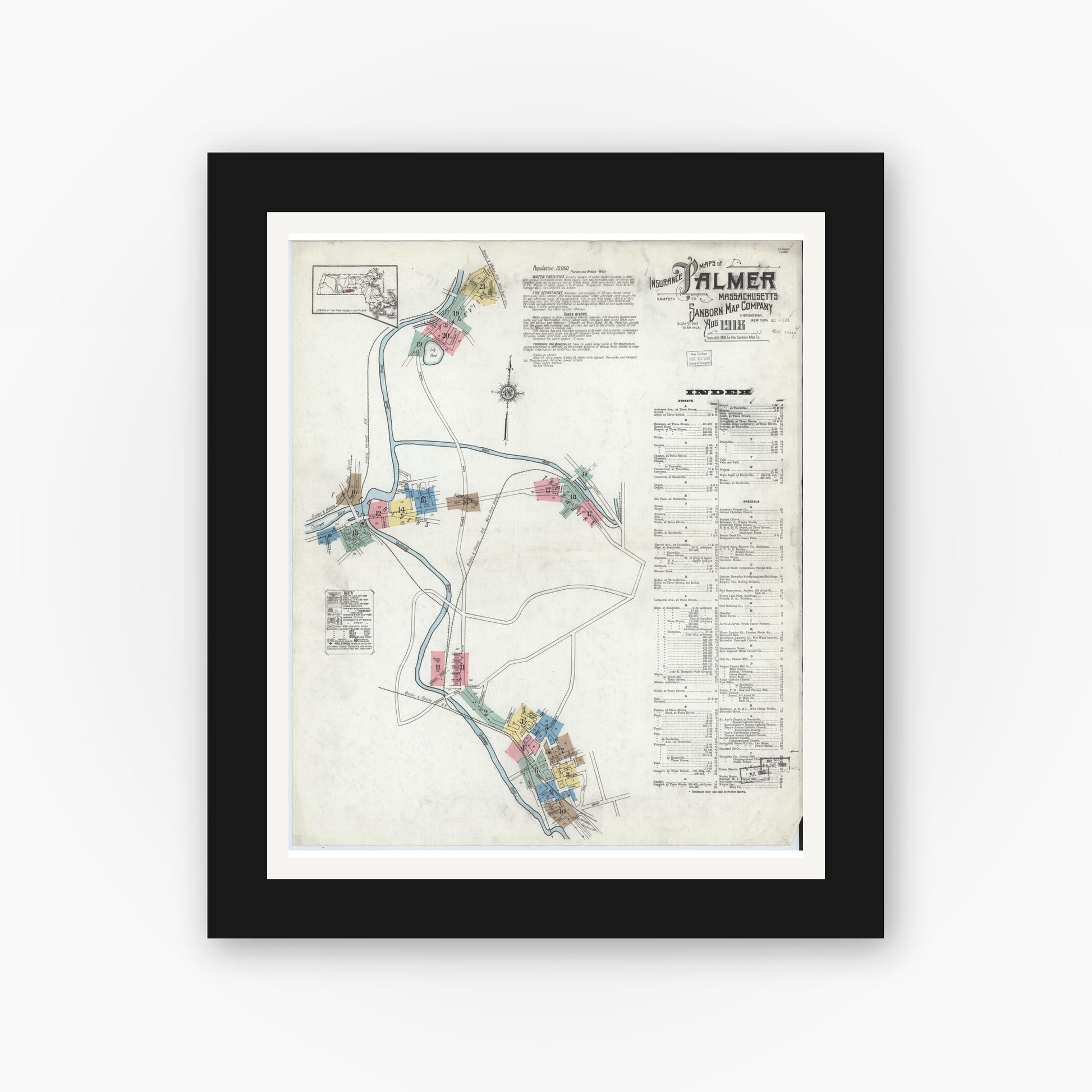 Old map wall art mockup — black gallery frame with white mat — Sanborn Fire Insurance Map from Palmer, Hampden County, Massachusetts (1918) - Complete Map Set