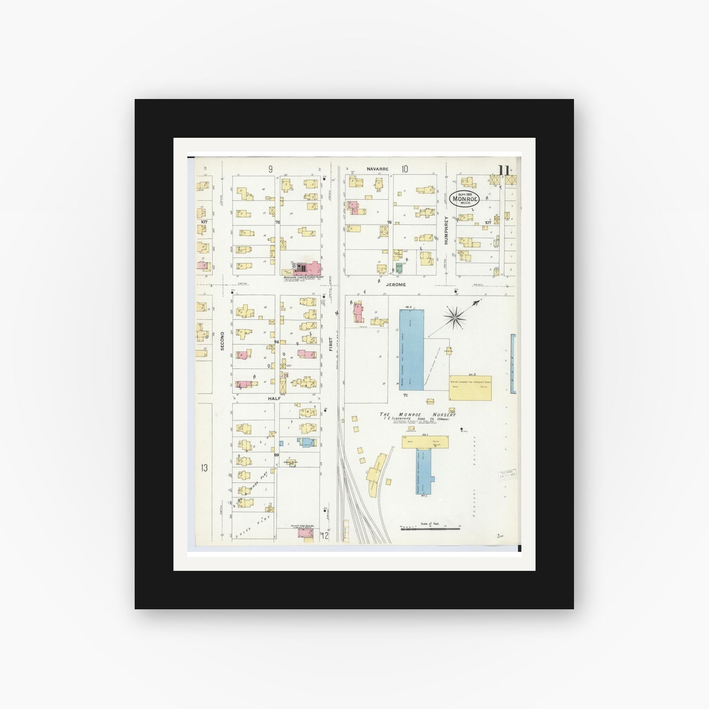 Old map wall art mockup — black gallery frame with white mat — Sanborn Fire Insurance Map from Monroe, Monroe County, Michigan (1908), Sheet #0011