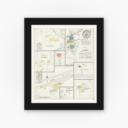 Old map wall art mockup — black gallery frame with white mat — Sanborn Fire Insurance Map from Seneca, La Salle County, Illinois (1913), Sheet #0001