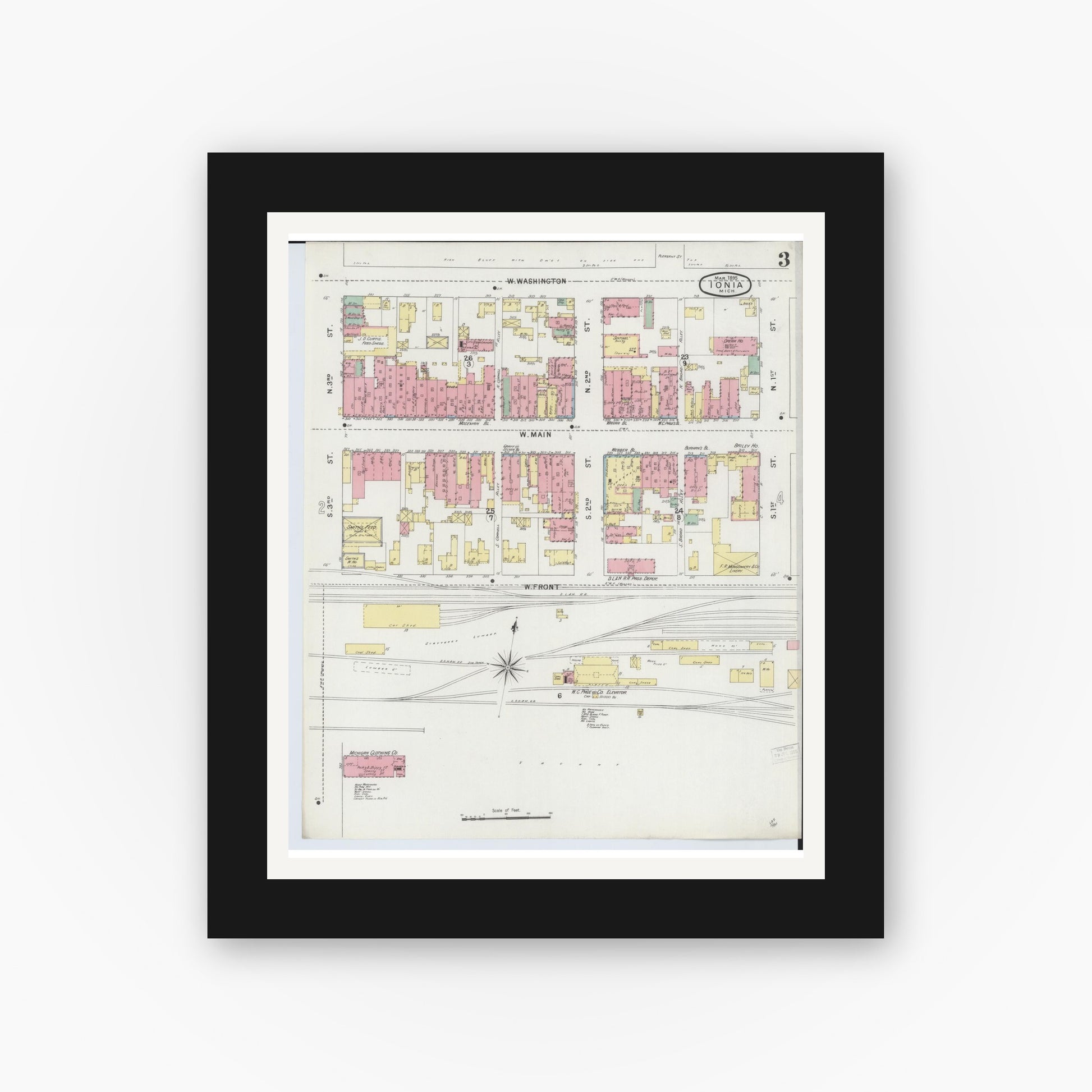 Old map wall art mockup — black gallery frame with white mat — Sanborn Fire Insurance Map from Ionia, Ionia County, Michigan (1895), Sheet #0003