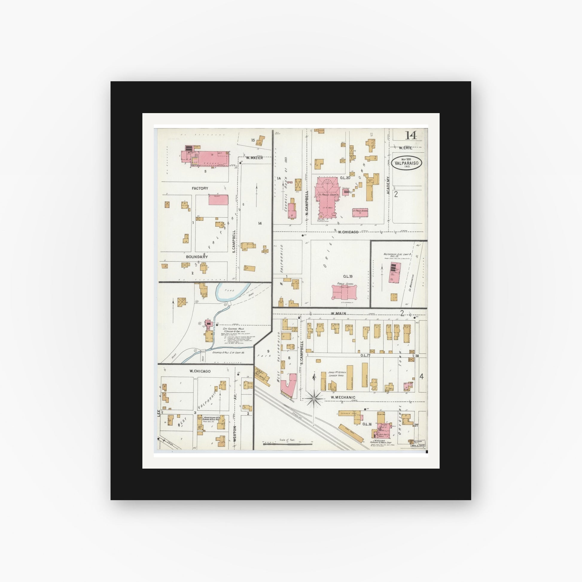 Old map wall art mockup — black gallery frame with white mat — Sanborn Fire Insurance Map from Valparaiso, Porter County, Indiana (1899), Sheet #0014