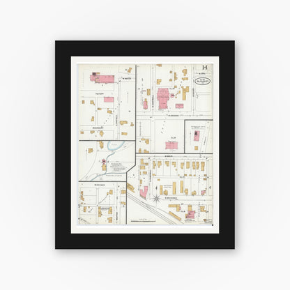 Old map wall art mockup — black gallery frame with white mat — Sanborn Fire Insurance Map from Valparaiso, Porter County, Indiana (1899), Sheet #0014