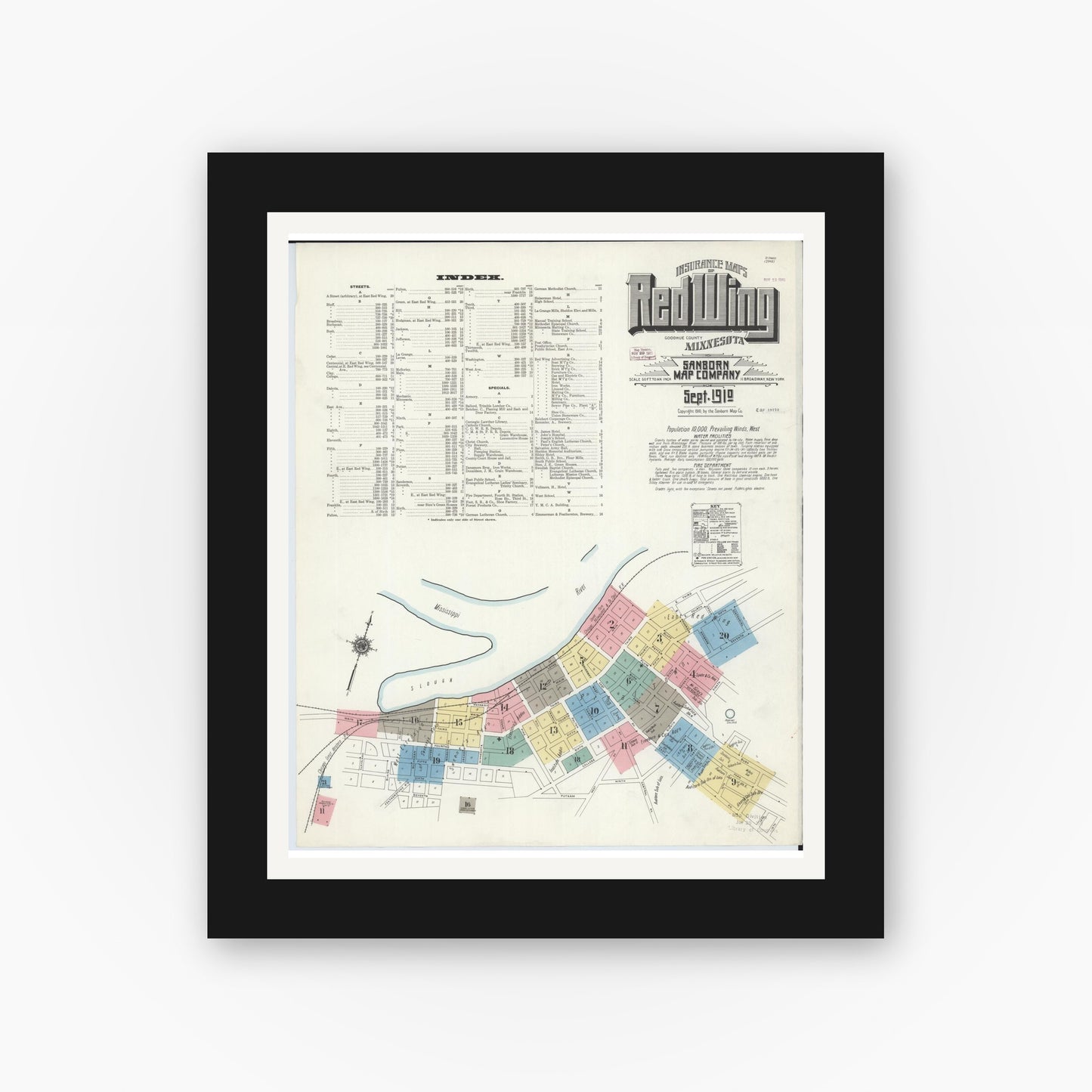 Old map wall art mockup — black gallery frame with white mat — Sanborn Fire Insurance Map from Red Wing, Goodhue County, Minnesota (1910), Sheet #0001