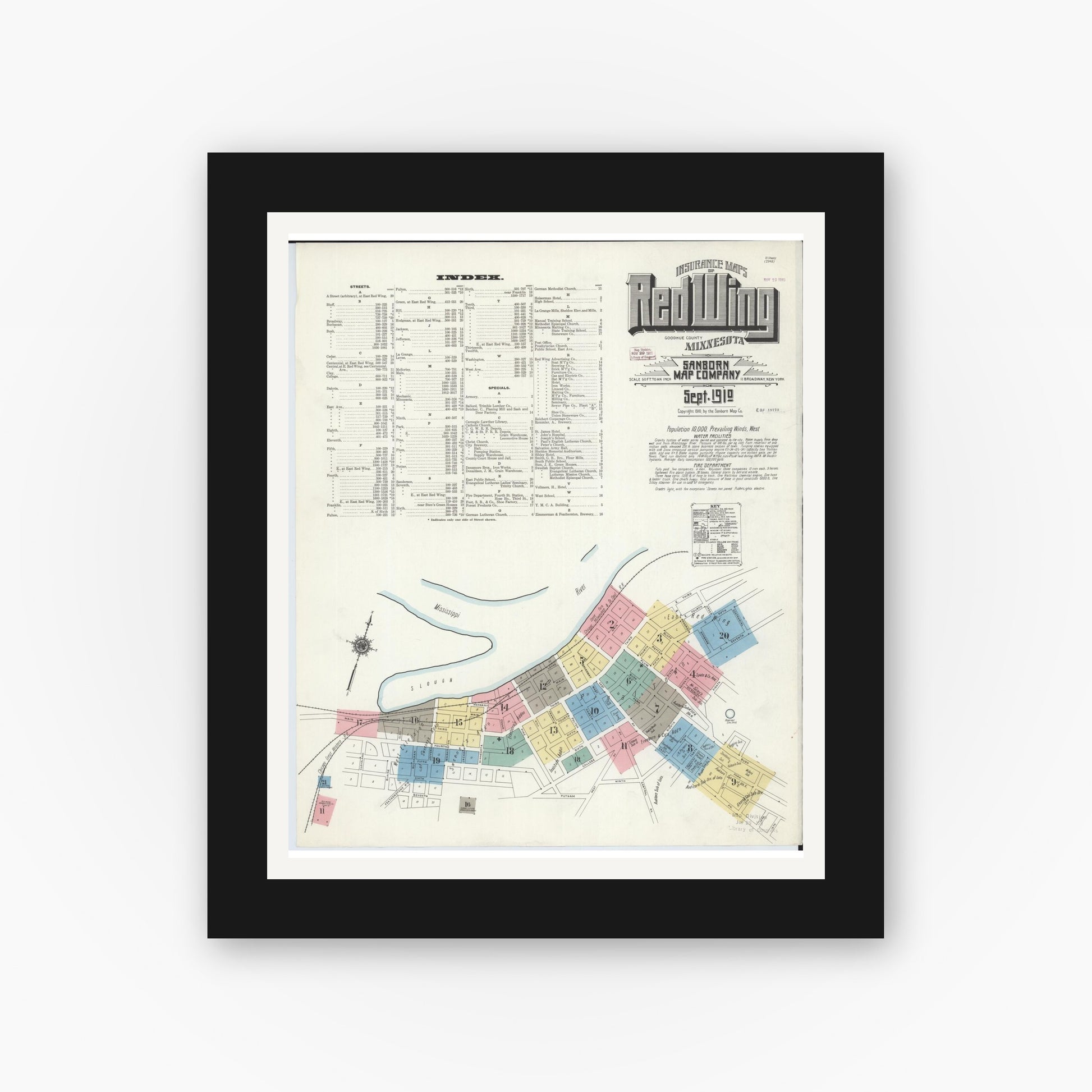 Old map wall art mockup — black gallery frame with white mat — Sanborn Fire Insurance Map from Red Wing, Goodhue County, Minnesota (1910), Sheet #0001