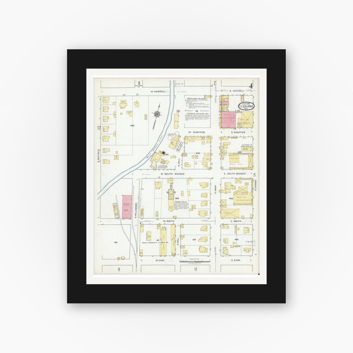 Old map wall art mockup — black gallery frame with white mat — Sanborn Fire Insurance Map from Cleburne, Johnson County, Texas (1918), Sheet #0004