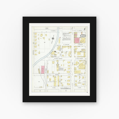 Old map wall art mockup — black gallery frame with white mat — Sanborn Fire Insurance Map from Cleburne, Johnson County, Texas (1918), Sheet #0004
