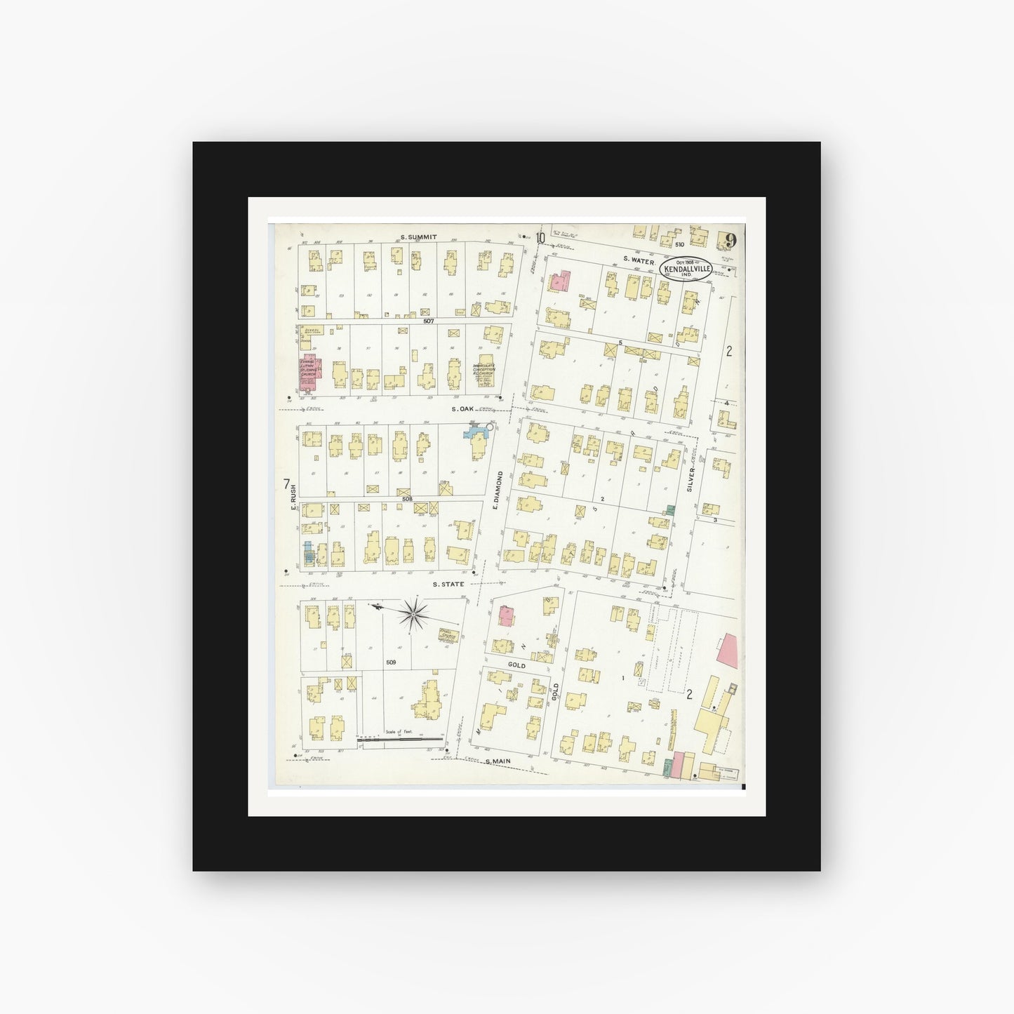 Old map wall art mockup — black gallery frame with white mat — Sanborn Fire Insurance Map from Kendallville, Noble County, Indiana (1908), Sheet #0009