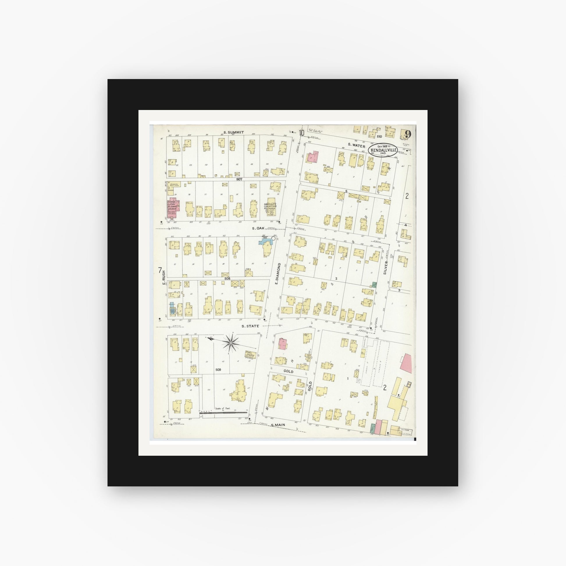 Old map wall art mockup — black gallery frame with white mat — Sanborn Fire Insurance Map from Kendallville, Noble County, Indiana (1908), Sheet #0009