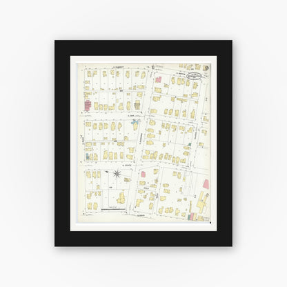 Old map wall art mockup — black gallery frame with white mat — Sanborn Fire Insurance Map from Kendallville, Noble County, Indiana (1908), Sheet #0009
