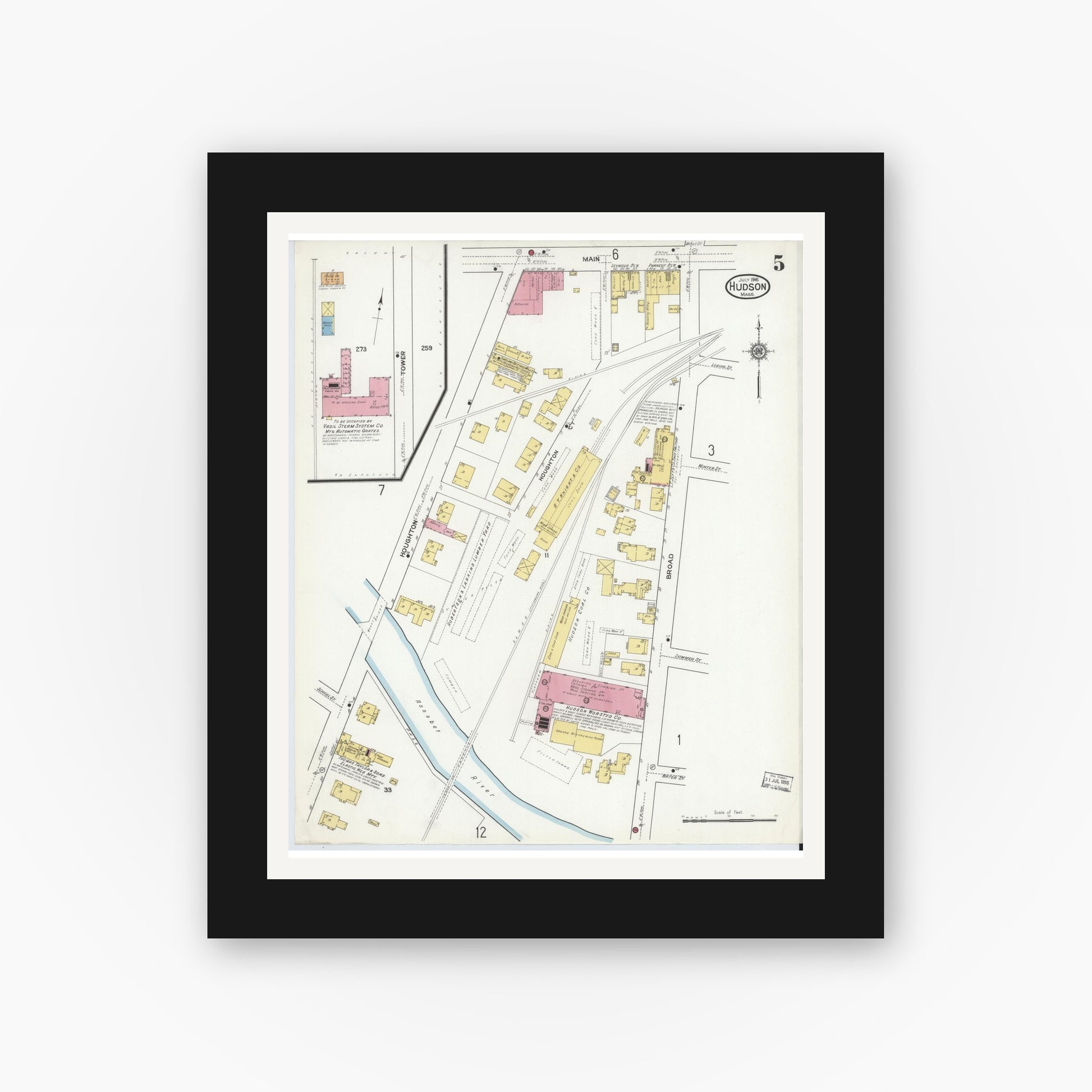 Old map wall art mockup — black gallery frame with white mat — Sanborn Fire Insurance Map from Hudson, Middlesex County, Massachusetts (1916), Sheet #0005